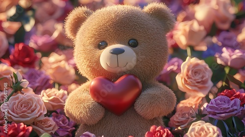 Teddy Bear Holding Heart Amidst Roses