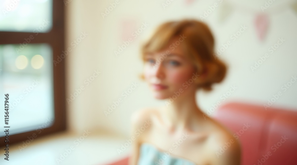 Dreamy Gaze: A subtly blurred portrait of a young woman with auburn hair styled in a vintage updo, exuding a sense of quiet contemplation and delicate beauty. Dreamy Gaze: A subtly blurred portrait of a young woman with auburn hair styled in a vintage updo, exuding a sense of quiet contemplation and delicate beauty.