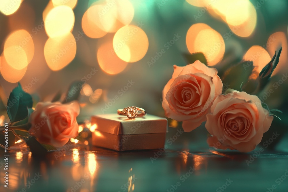 Fototapeta premium romantic scene with roses and delicate gold ring on gift box, surrounded by warm bokeh lights, creating intimate atmosphere