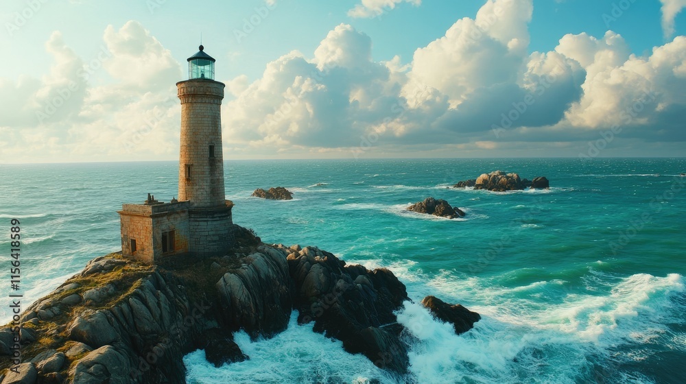 Obraz premium Lighthouse on rocky coast with dramatic ocean waves under cloudy sky.