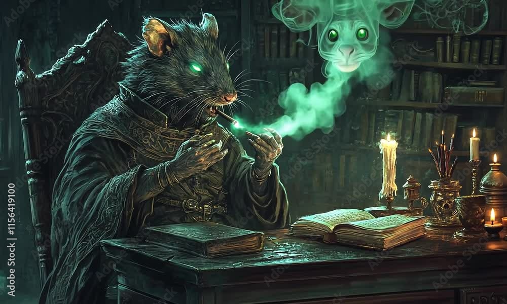 A mystical rat in robes, smoking and reading in a dimly lit library.