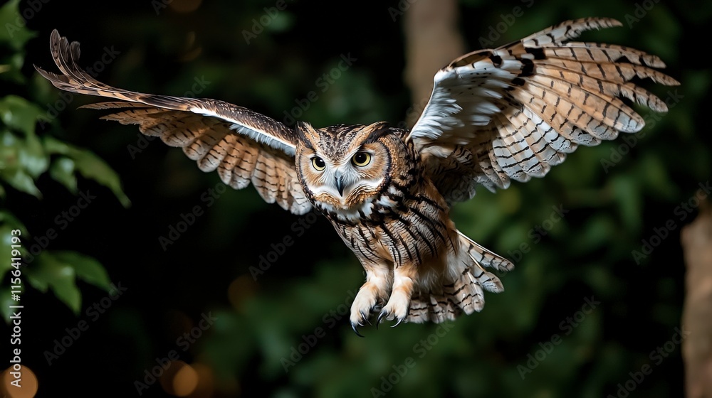 Obraz premium Owl in flight at night forest wildlife photography dark environment close-up concept