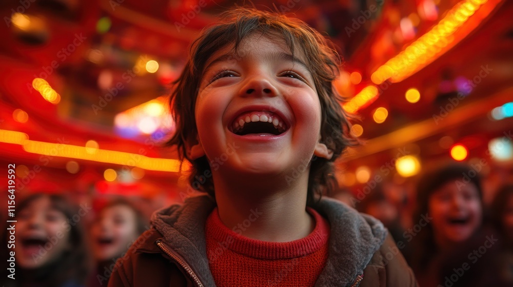 A joyful child laughing in a vibrant, colorful setting with other happy children in the background. A joyful child laughing in a vibrant, colorful setting with other happy children in the background.