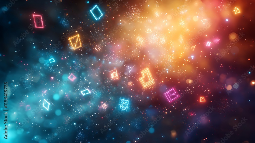 Glowing Neon Geometric Shapes Float In Cosmic Dust Glowing Neon Geometric Shapes Float In Cosmic Dust