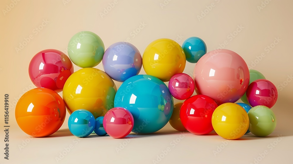 A collection of vibrant colored spheres arranged in an eye-catching formation against a neutral background A collection of vibrant colored spheres arranged in an eye-catching formation against a neutral background
