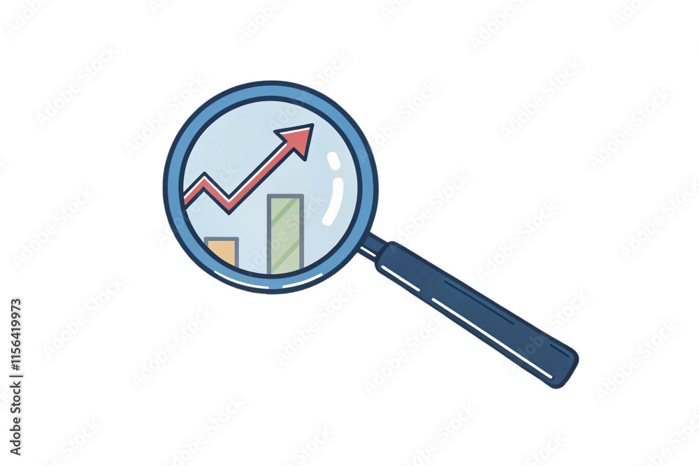 A stylized blue magnifying glass with a chart showing a rising arrow and colorful bars, symbolizing growth and analysis, isolated on a transparent background A stylized blue magnifying glass with a chart showing a rising arrow and colorful bars, symbolizing growth and analysis, isolated on a transparent background