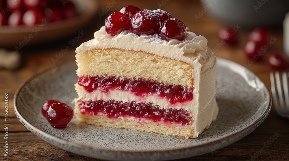 Delicious slice of layered vanilla cake with cherry filling and frosting. (1) Delicious slice of layered vanilla cake with cherry filling and frosting. (1)