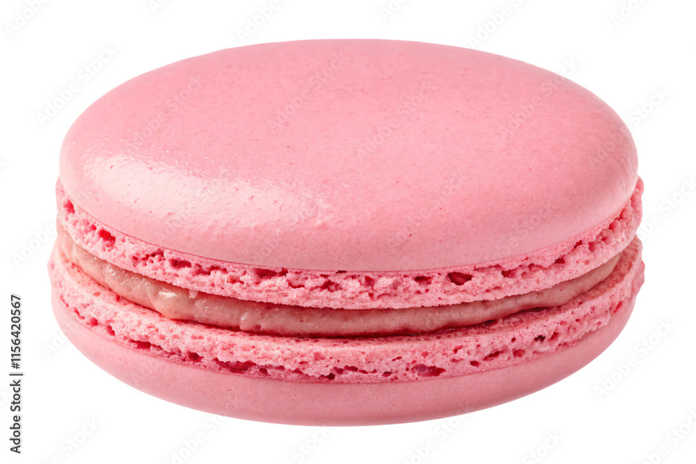 A vibrant close-up of a perfectly round pink macaron with delicate filling, showcasing its smooth and airy texture, isolated on a transparent background A vibrant close-up of a perfectly round pink macaron with delicate filling, showcasing its smooth and airy texture, isolated on a transparent background