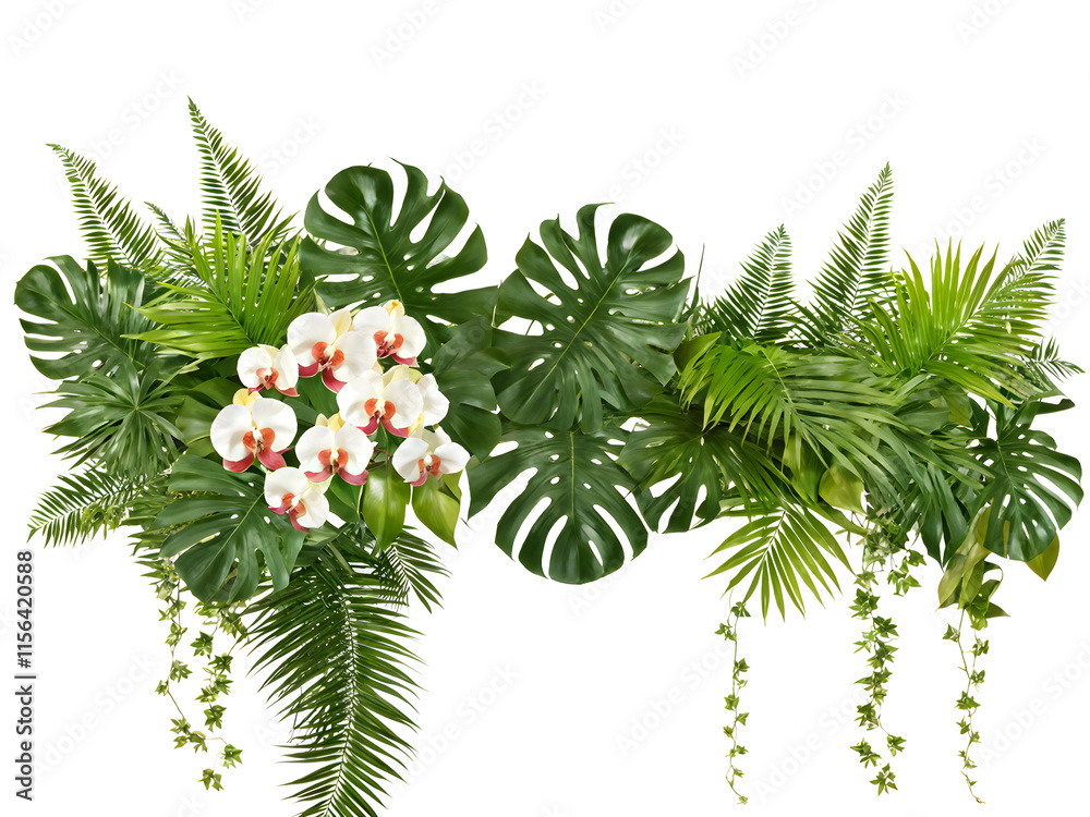 Tropical vibes plant bush floral arrangement with tropical leaves full isolated on white background Tropical vibes plant bush floral arrangement with tropical leaves full isolated on white background
