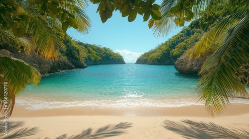 Secluded tropical beach cove with calm turquoise water, white sand, and palm trees framing the scene. photo