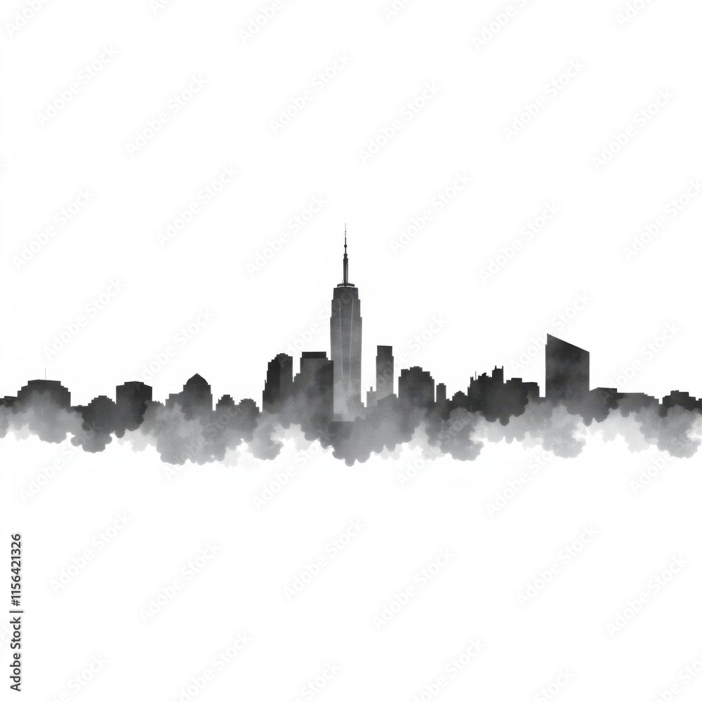 Fototapeta premium An imaginative watercolor composition of a city skyline at twilight with skyscrapers silhouetted against a white background. skyline silhouette. cityscape illustration architecture city 