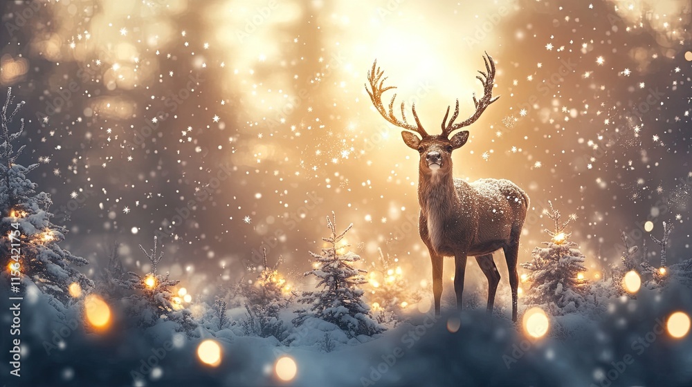 Christmas banner featuring a reindeer in the middle of a snowy woodland, surrounded by lights, stars, and copy space Christmas banner featuring a reindeer in the middle of a snowy woodland, surrounded by lights, stars, and copy space