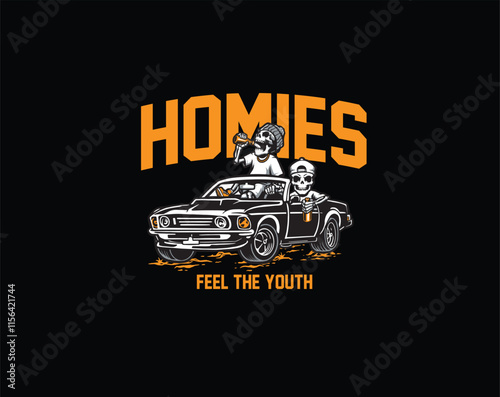 Homies skull and car gangster illustration