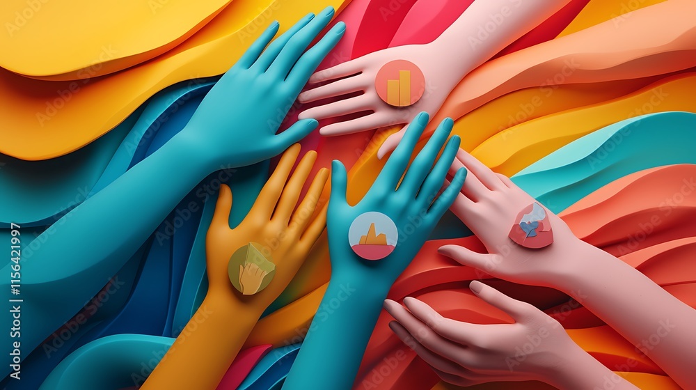 Fototapeta premium Colorful Hands Holding Abstract Data Symbols