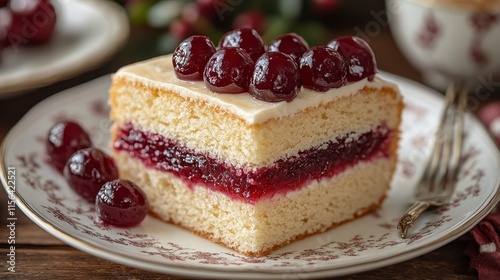 Delicious slice of vanilla cake layered with cherry filling, topped with cherries and icing, served on a vintage plate. photo