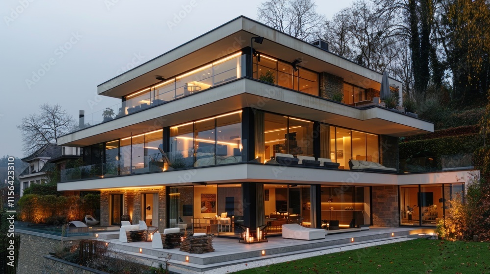 Lit modern house with tiered structure and large windows at dusk. Lit modern house with tiered structure and large windows at dusk.