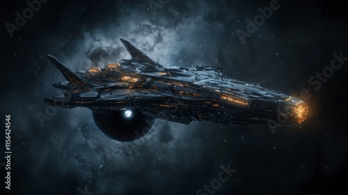 Futuristic starship encountering gravitational anomaly in deep space sci-fi concept art dramatic viewpoint photo