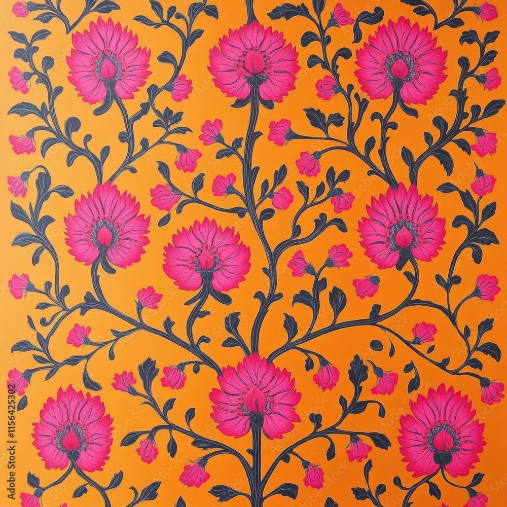 custom made wallpaper toronto digitalA floral patterned orange and black fabric. The flowers are pink and the leaves are black. The pattern is very detailed and intricate
