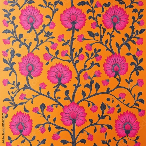 Wallpaper Mural A floral patterned orange and black fabric. The flowers are pink and the leaves are black. The pattern is very detailed and intricate Torontodigital.ca