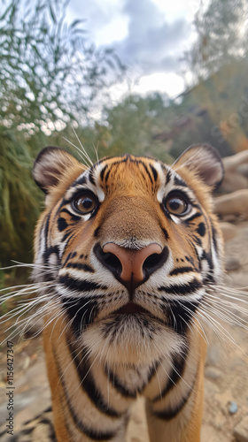 Stunning Portrait Bengal Tiger Natural Habitat Intense Gaze Beautifully Patterned Fur Wildlife Nature Photography fish eye camera selfie cute nose face head wallpaper wall art zoo safari forest park photo