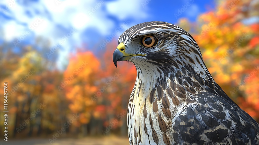 Majestic Hawk Profile Against Autumnal Foliage Majestic Hawk Profile Against Autumnal Foliage