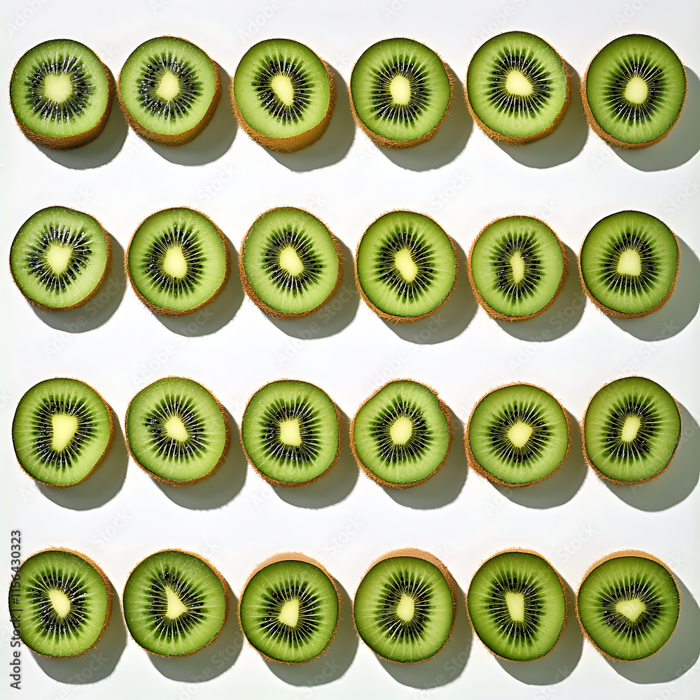 Fototapeta premium Whole and sliced kiwi fruits arranged neatly on a clean white surface, bright green and brown colors, high-detail, 16:9 aspect ratio. 