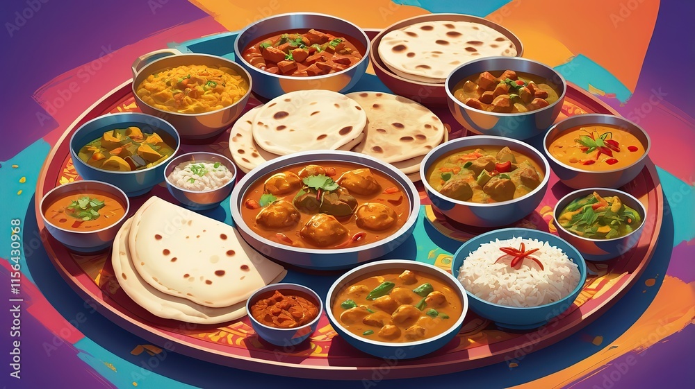 An Indian thali with multiple bowls of curries, rice, and naan bread, in a colorful traditional illustration style. An Indian thali with multiple bowls of curries, rice, and naan bread, in a colorful traditional illustration style.