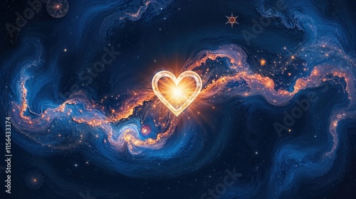 Luminous heart formation amid swirling blue and golden cosmic clouds in deep space. Universal love concept.