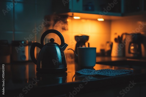 Cozy Evening Scene with Kettle and Coffee Maker in Warm Ambient Light, Perfect for Invoking a Sense of Comfort and Relaxation in a Kitchen Setting