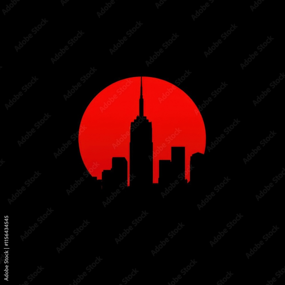 Obraz premium A city skyline stands tall against a glowing red sky with the sun setting in the distance. skyline silhouette. cityscape illustration architecture city 