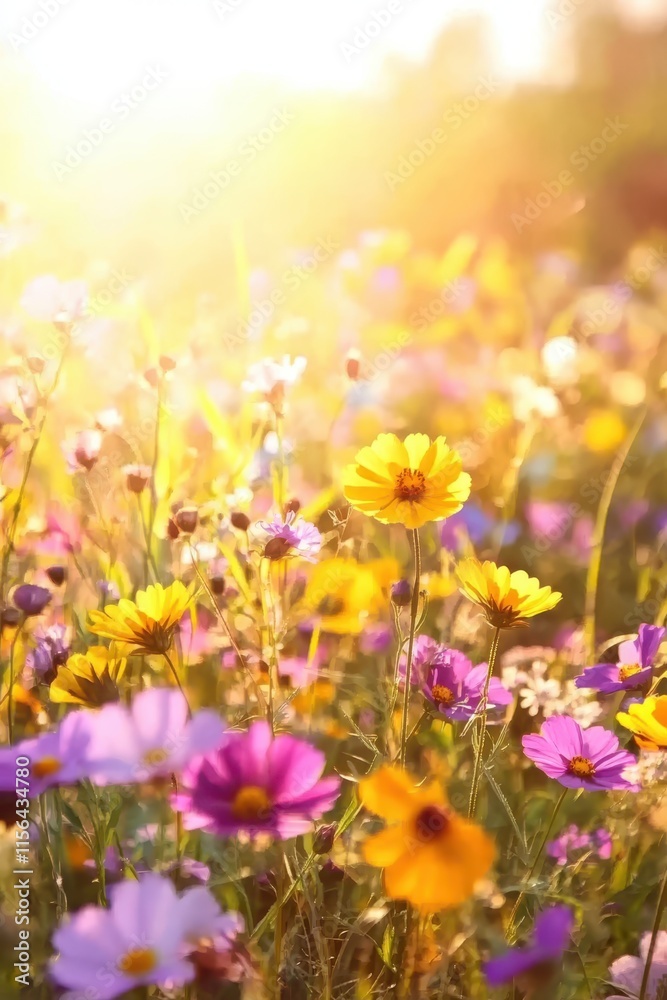 Fototapeta premium Soft-focus meadow with blooming wildflowers in yellow, purple, and pink