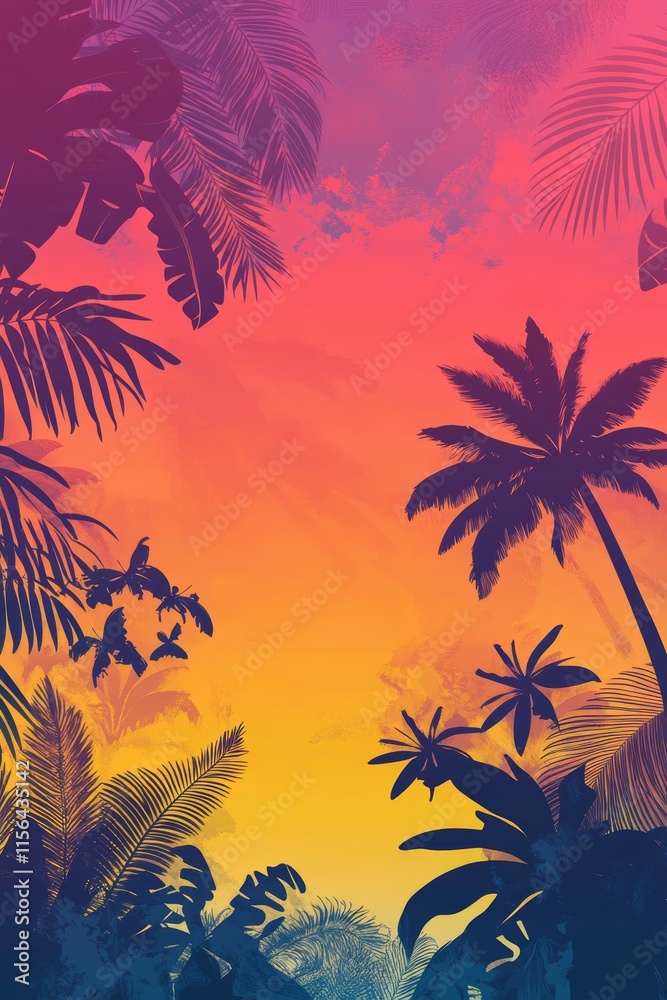 A colorful background with palm trees and a yellow line. The palm trees are in the foreground and the background is a mix of colors A colorful background with palm trees and a yellow line. The palm trees are in the foreground and the background is a mix of colors