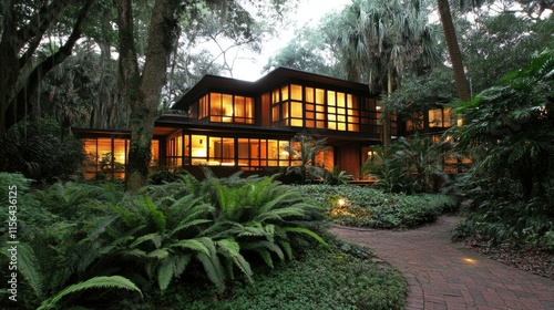 Modern house in lush garden at dusk.