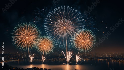 Fireworks over a river at night with colorful lights celebrating a festival photo