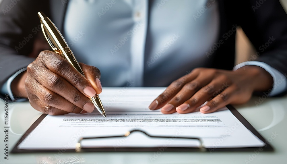 Close up of black hands of businesswoman signing agreement with ballpoint pen. Close up of black hands of businesswoman signing agreement with ballpoint pen.