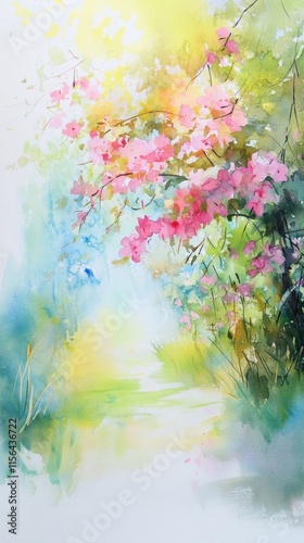 A painting of a tree with pink flowers. The tree is surrounded by green leaves. The painting is in watercolor photo