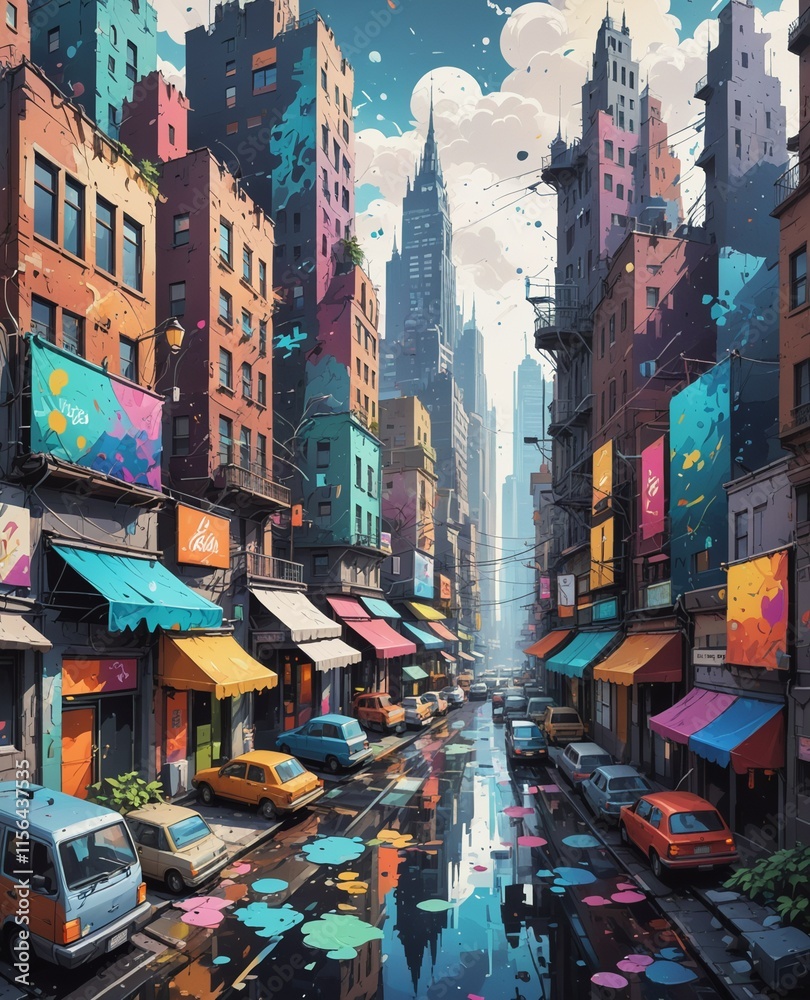 Fototapeta premium Surreal cityscape where vibrant colors blend fantasy with a touch of mystery. A breathtaking fusion of art and imagination.
