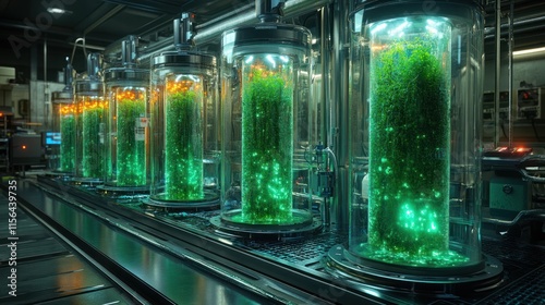A lab filled with illuminated containers of green algae, showcasing a biotechnological process.