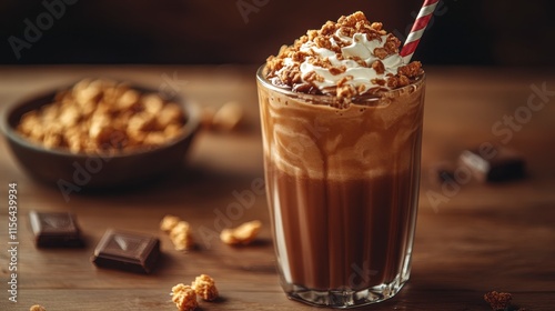 Iced chocolate drink with whipped cream and crunchy topping in glass.