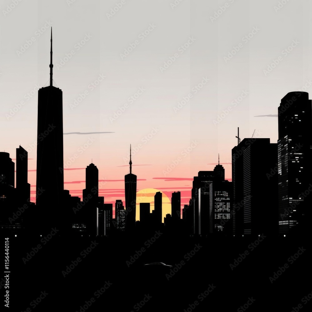 Obraz premium Stunning city skyline at dusk with vibrant colors painting the horizon in high contrast beauty. skyline silhouette. cityscape illustration architecture city 