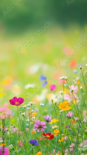 Soft focus spring meadow with colorful wildflowers under gentle sunlight