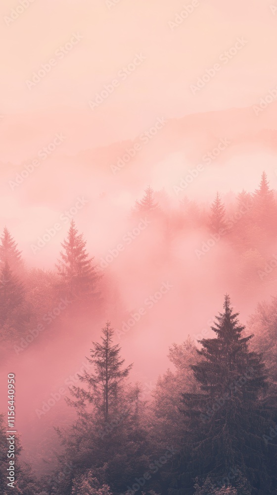 Fototapeta premium A tranquil forest scene at sunrise with mist enveloping pine trees, creating a serene and ethereal atmosphere in soft pink tones.