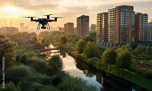A drone flying over a scenic urban landscape at sunset.
