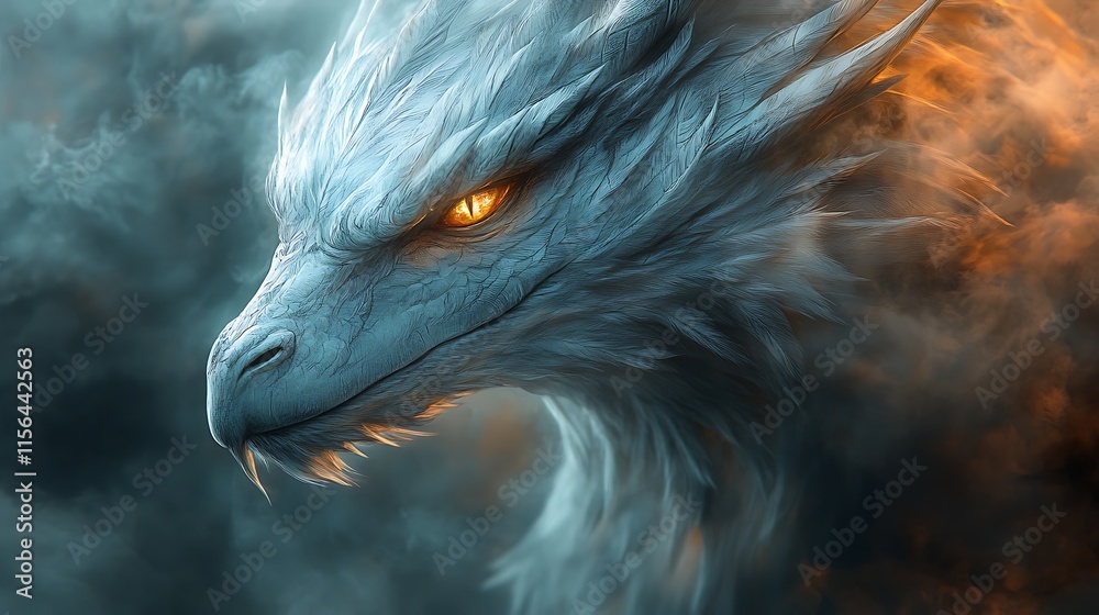 Fototapeta premium Majestic White Dragon Portrait In Smoky Ambiance