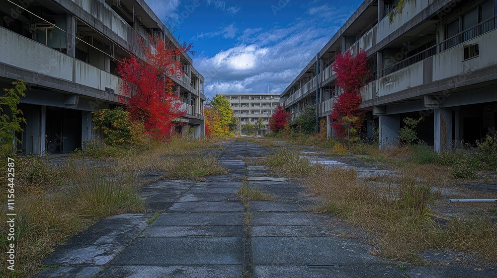 Overgrown pathway between abandoned concrete buildings with autumn foliage. Overgrown pathway between abandoned concrete buildings with autumn foliage.