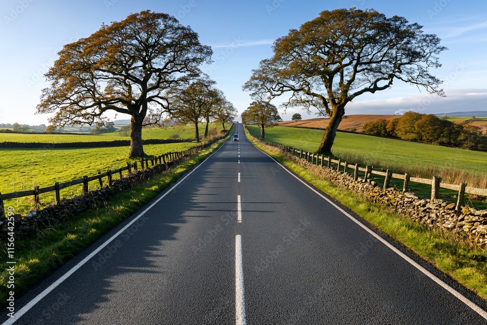Scenic road lined with trees and fields under a blue sky. Scenic road lined with trees and fields under a blue sky.