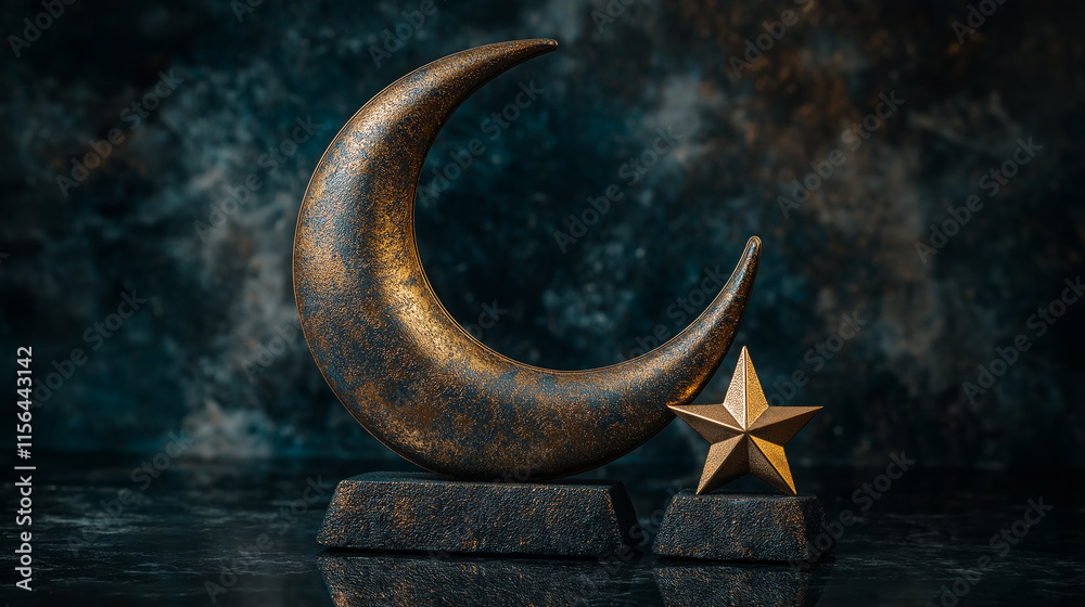 Modern crescent moon and star decor made from metallic textures, placed on a black reflective surface, moody lighting, luxurious aesthetic Modern crescent moon and star decor made from metallic textures, placed on a black reflective surface, moody lighting, luxurious aesthetic