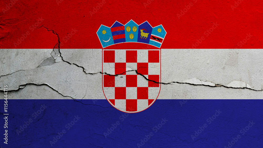 Naklejka premium Croatia flag on cracked wall background, flag with crack line