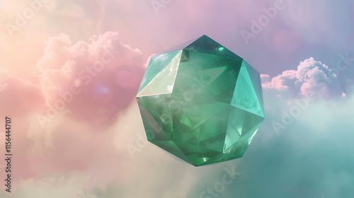 A large green dodecahedron floating against a soft pastel environment