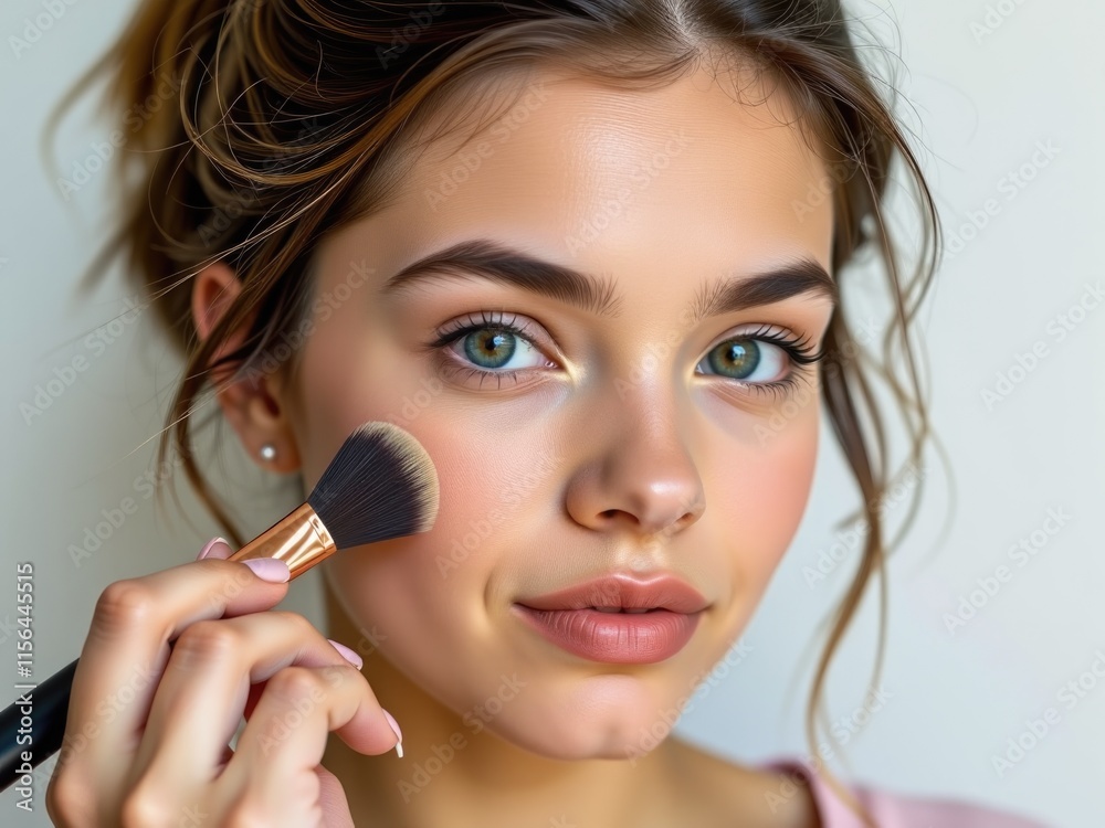 Beautiful Woman Applying Makeup Blush Cosmetic Brush Skincare Routine Beauty Product Beautiful Woman Applying Makeup Blush Cosmetic Brush Skincare Routine Beauty Product